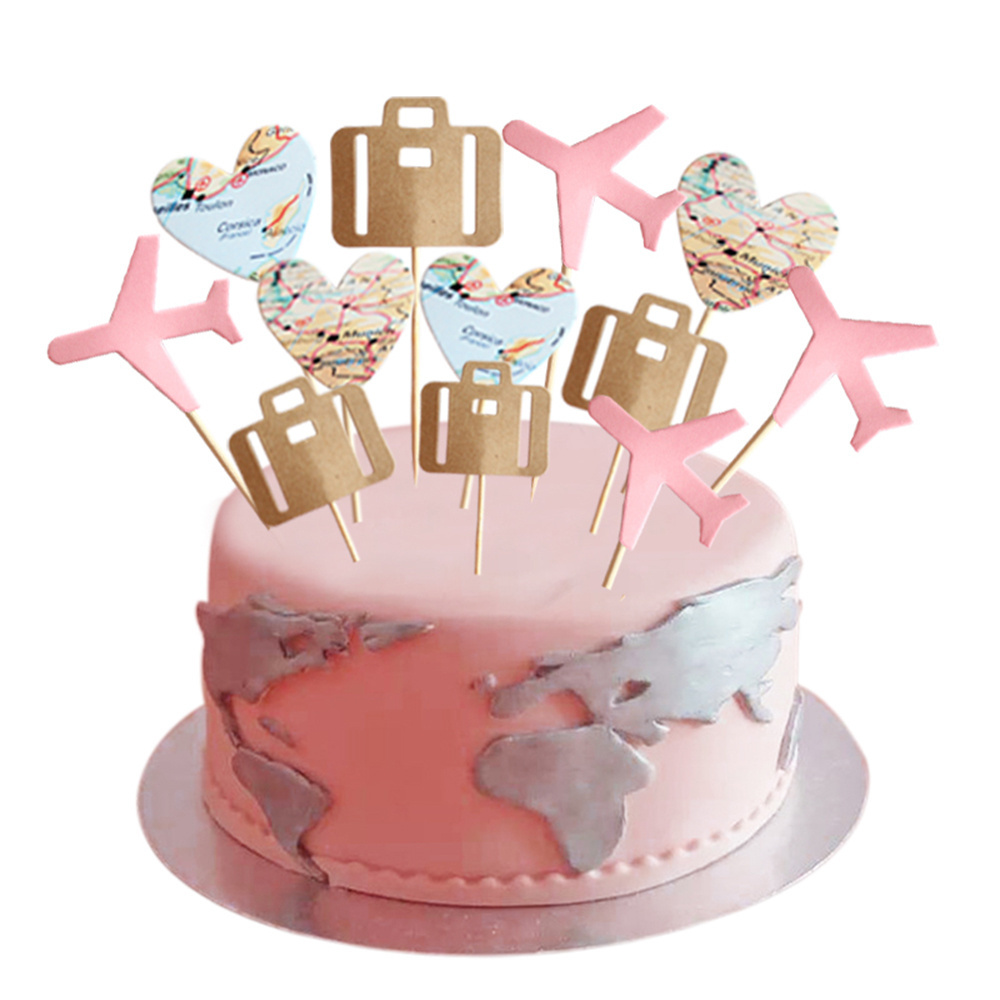 12pcs Travel Theme Wedding and Birthday Party Cake Topper Airplane Luggage and Map Cupcake Toppers