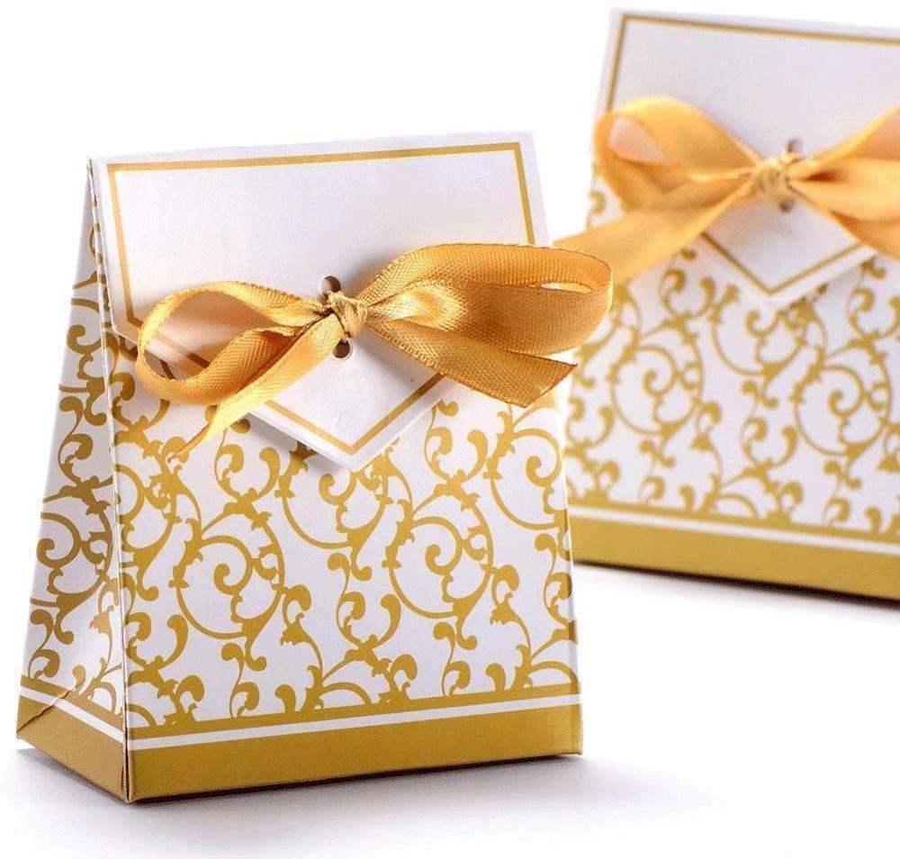 Wedding Favor Gold Figure Gift Ribbons Candy Boxes White Gold Gift Boxes Gift Box with Ribbon