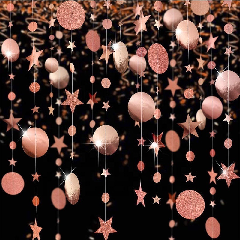 Rose Gold Circle Dot Star Reflective Paper Hanging Bunting Wedding Supplies Backdrop Birthday Garland Glitter Paper Party Deco