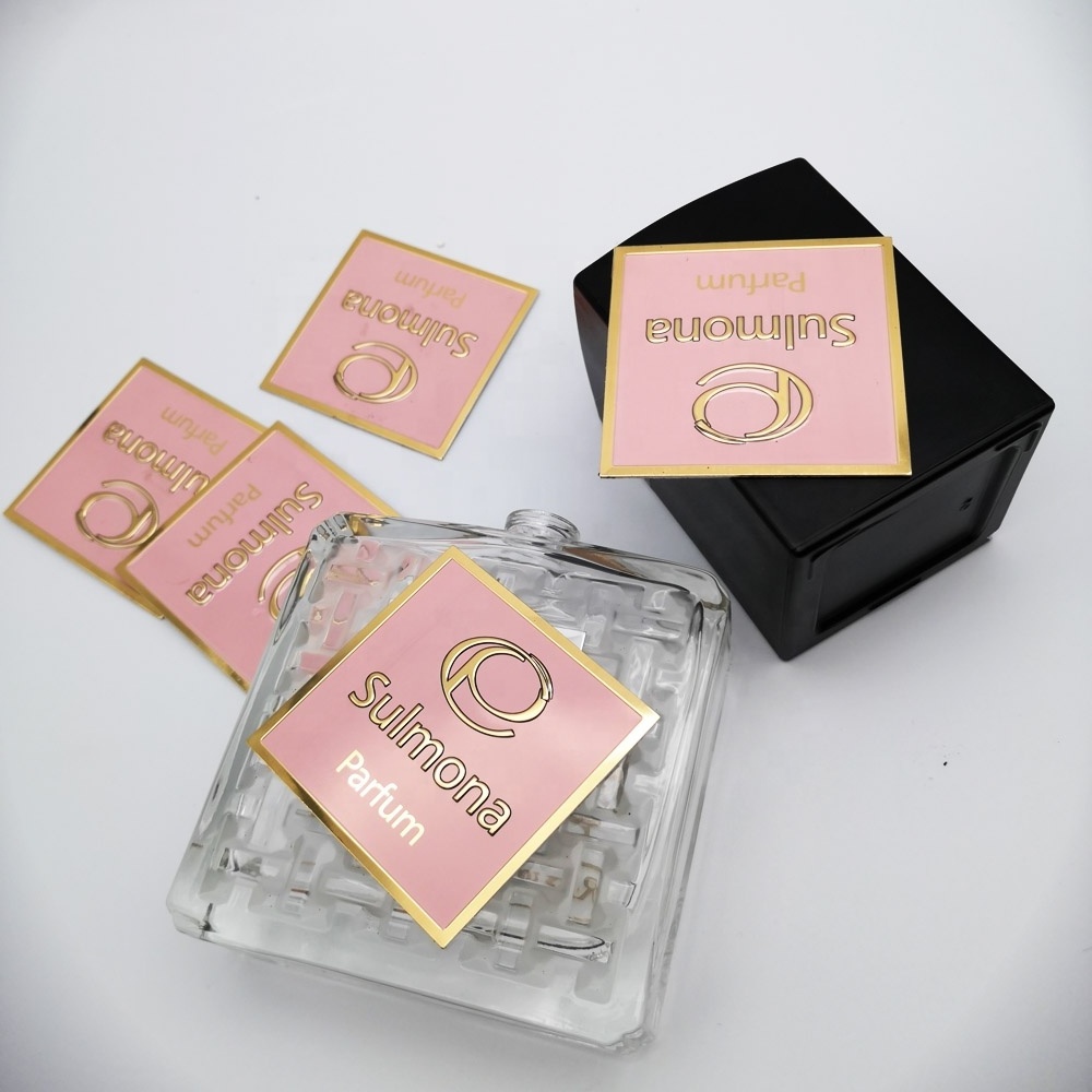 Custom OEM Gold Metal Perfume package classic brand private label Logo Sticker for Perfume bottle 150ml