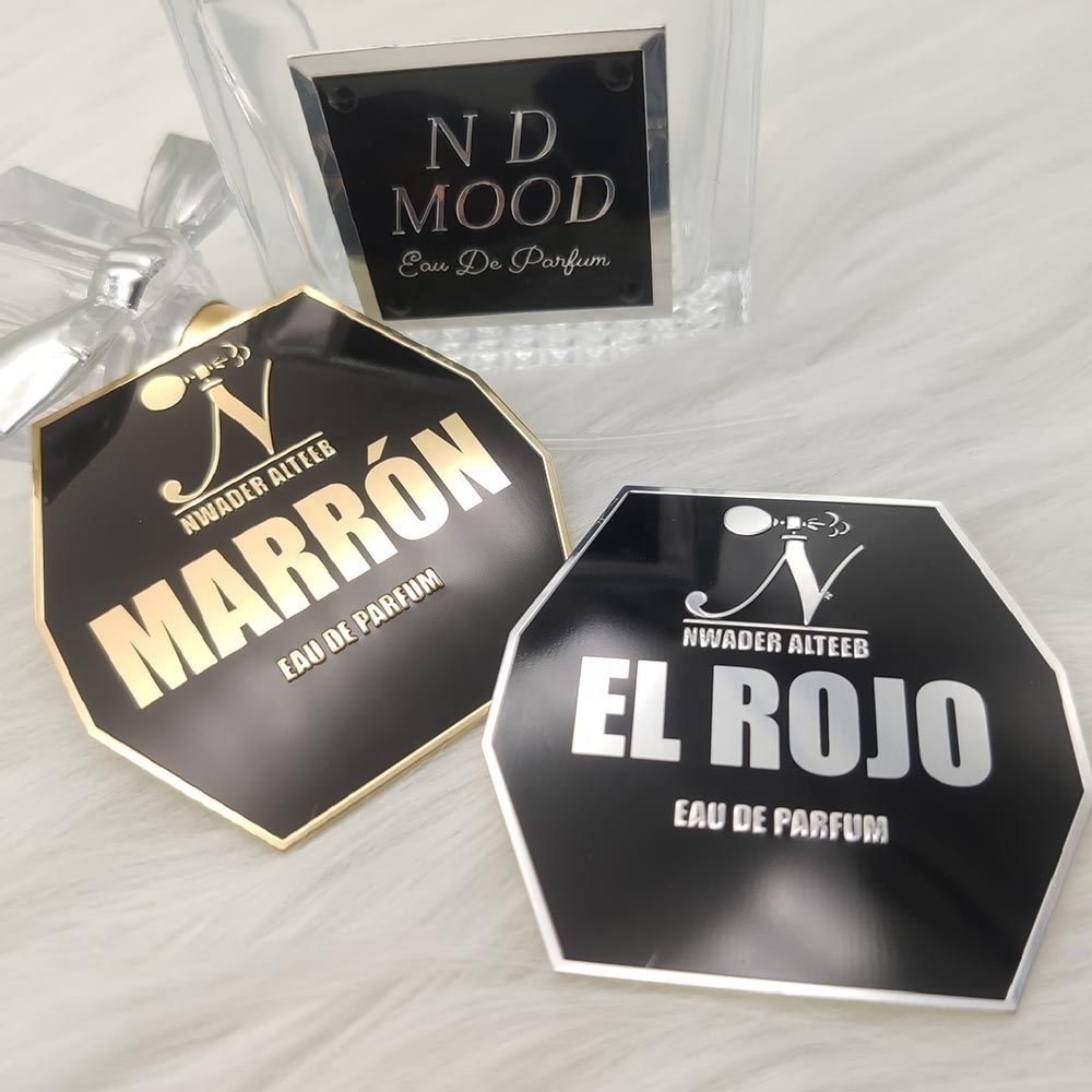 Custom OEM Gold Metal Perfume package classic brand private label Logo Sticker for Perfume bottle 150ml