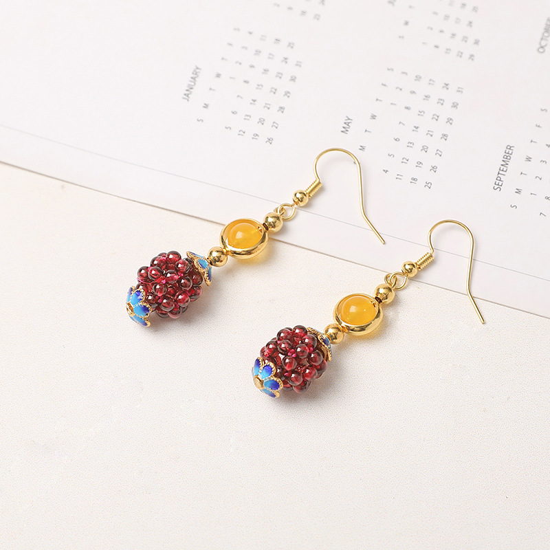 New Design Natural Garnet Healing Crystal Hand Woven Embroidery Ball With Chalcedony Beads Vintage Gems Earrings for Women