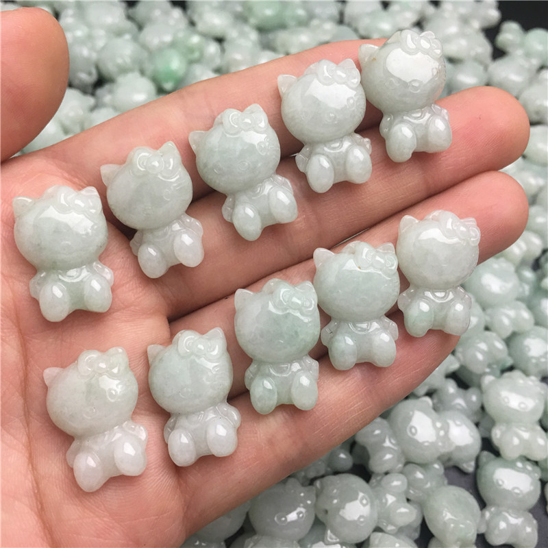 Natural High Quality Crystal Healing A Grade Burmese Jade Green Jade KT Cat Pendant Cute Hello Kitty Stone Pendant For DIY Neck