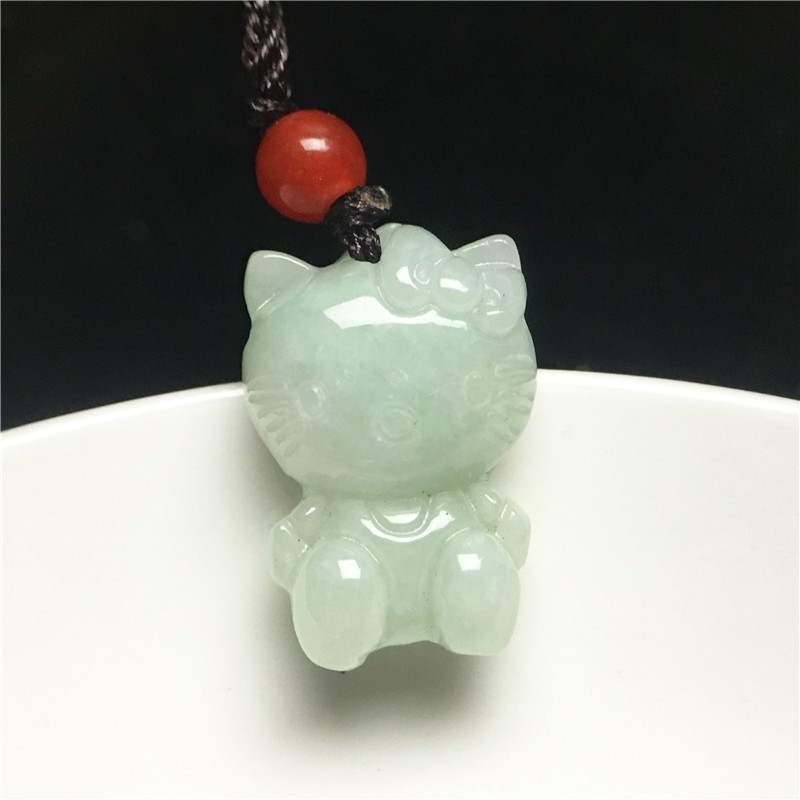 Natural High Quality Crystal Healing A Grade Burmese Jade Green Jade KT Cat Pendant Cute Hello Kitty Stone Pendant For DIY Neck