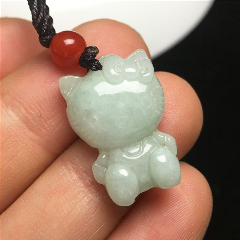 Natural High Quality Crystal Healing A Grade Burmese Jade Green Jade KT Cat Pendant Cute Hello Kitty Stone Pendant For DIY Neck