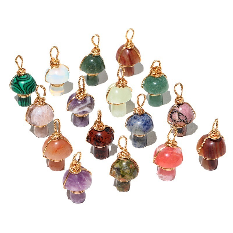 2022 wholesale nice jewelry gem stone pendant accessories gold woven gemstone natural stone mushroom crystal pendant necklace