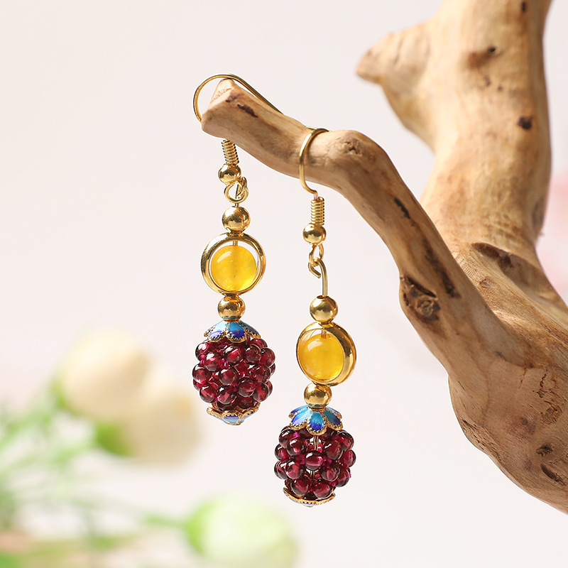 New Design Natural Garnet Healing Crystal Hand Woven Embroidery Ball With Chalcedony Beads Vintage Gems Earrings for Women