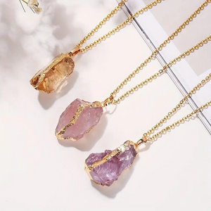 Natural irregular Raw Stone Crystal Gold Necklace Rough Healing Crystals Pendant Necklace For Women