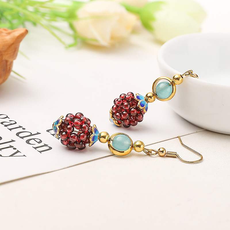 New Design Natural Garnet Healing Crystal Hand Woven Embroidery Ball With Chalcedony Beads Vintage Gems Earrings for Women