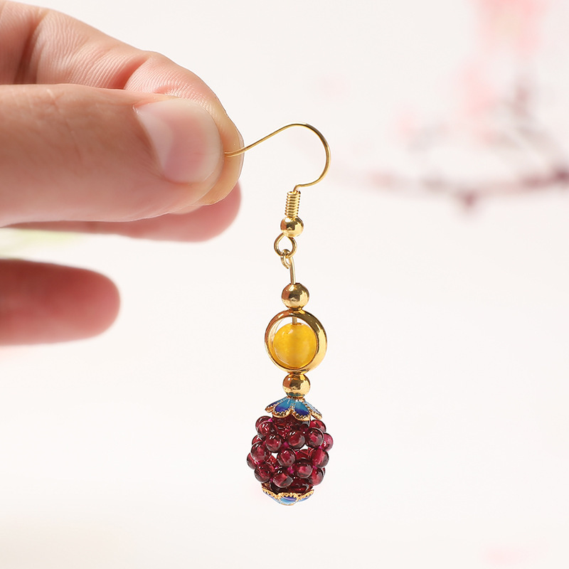 New Design Natural Garnet Healing Crystal Hand Woven Embroidery Ball With Chalcedony Beads Vintage Gems Earrings for Women