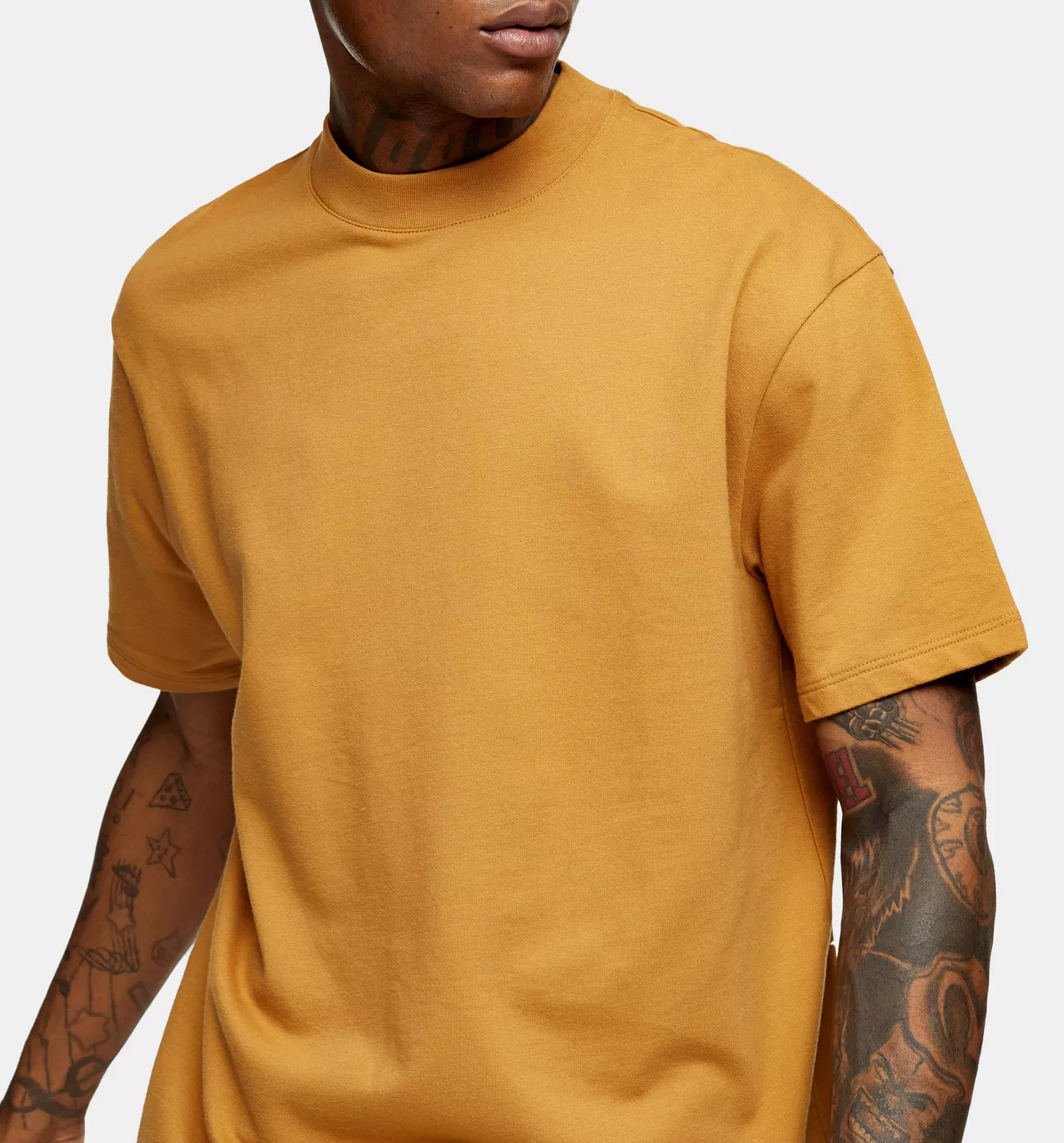 MGOO Yellow High Neck Solid T-shirts Men Oversized Short Sleeve Tee Streetwear Blank Cotton T shirts