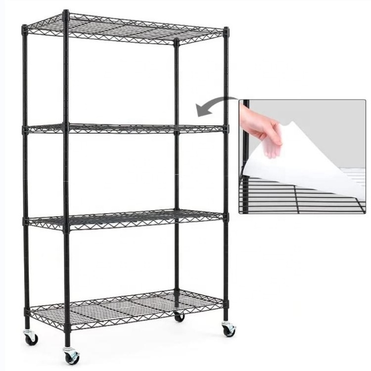 High Quality Movable 4 Tiers Garage Wire Shelf Metal Shelving Unit Heavy Duty Shelving Rack With Wheels