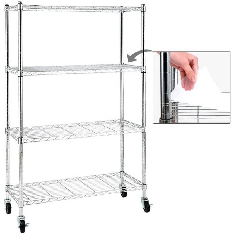 High Quality Movable 4 Tiers Garage Wire Shelf Metal Shelving Unit Heavy Duty Shelving Rack With Wheels