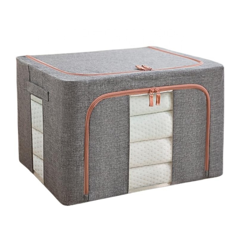 Clothes Storage Bins Foldable Metal Frame Storage Box Stackable Linen Fabric Organizer with Sturdy Carrying Handles Clear Window