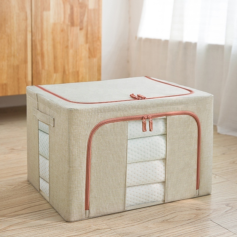 Clothes Storage Bins Foldable Metal Frame Storage Box Stackable Linen Fabric Organizer with Sturdy Carrying Handles Clear Window