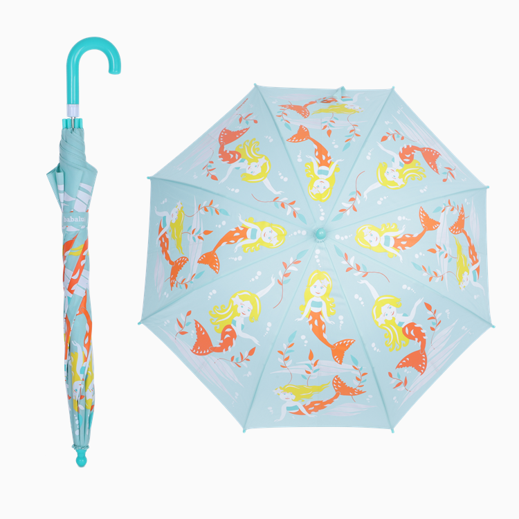 Kids Children Cheap Price Cute Colorful Custom Design Sky Blue Color Safe Mermaid Print Manual Opening Kids Animal Umbrella