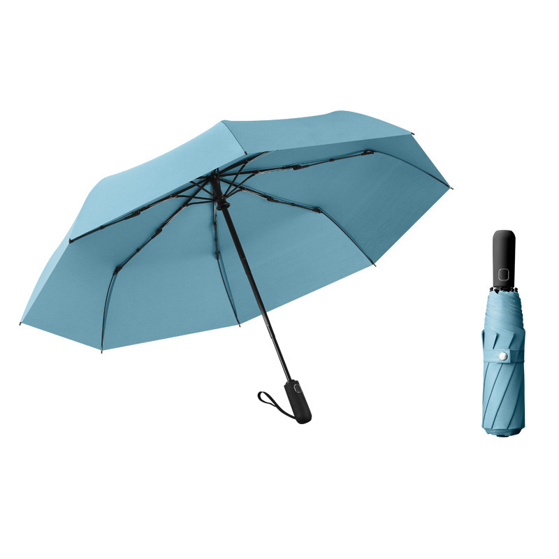 Sky blue telescopic umbrella with auto open close button wooden handle 3 folding umbrella