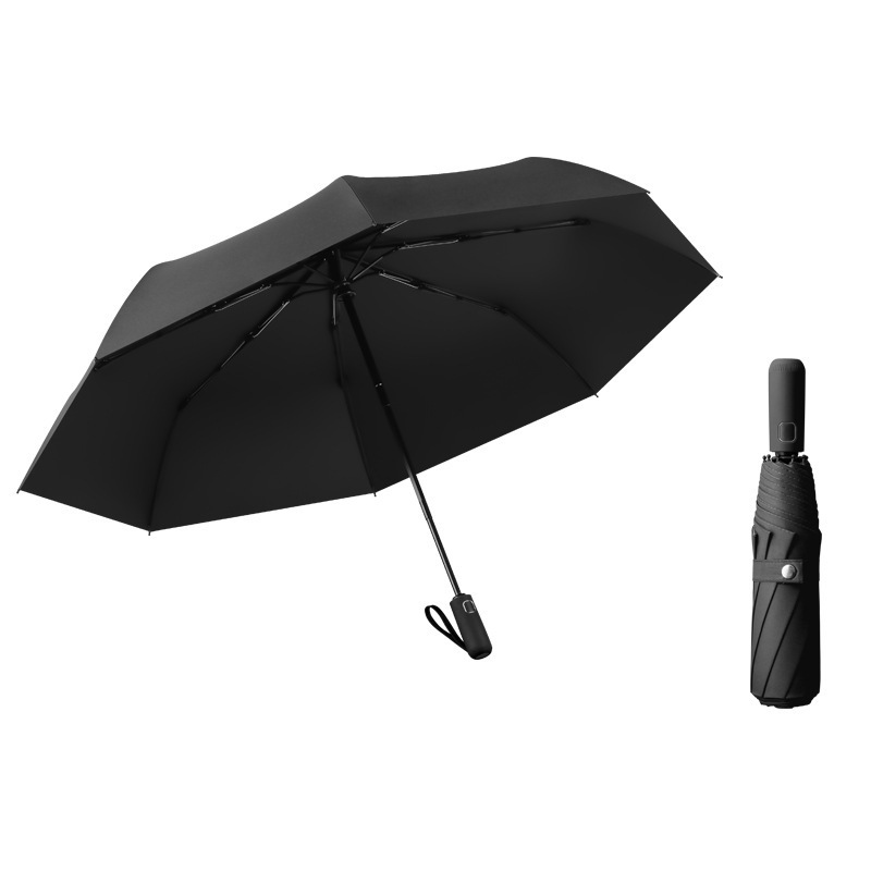 Sky blue telescopic umbrella with auto open close button wooden handle 3 folding umbrella