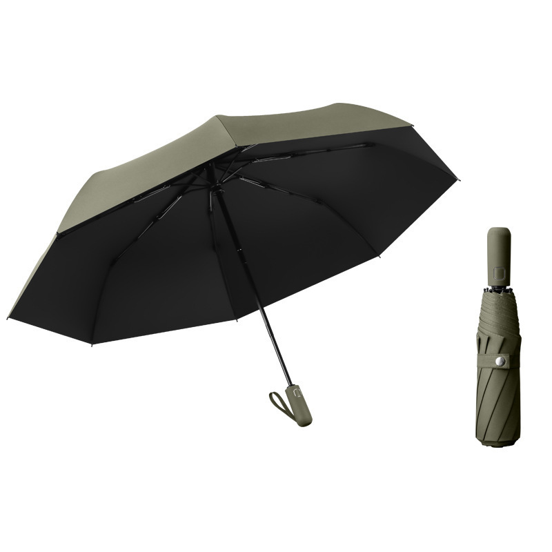 Sky blue telescopic umbrella with auto open close button wooden handle 3 folding umbrella