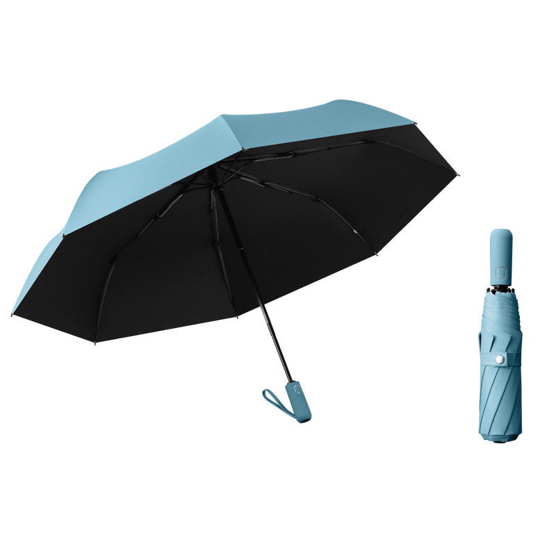 Sky blue telescopic umbrella with auto open close button wooden handle 3 folding umbrella