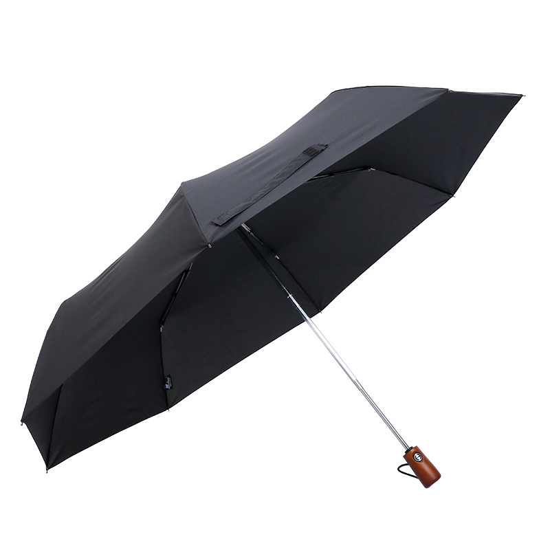 high quality wood handle rain umbrella for men auto open close three fold blue black coating 27inch folding golf umbrella