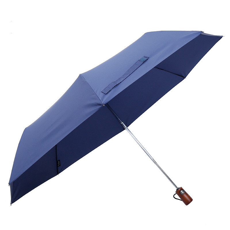 high quality wood handle rain umbrella for men auto open close three fold blue black coating 27inch folding golf umbrella