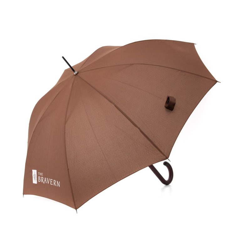 brown color with ferrule wooden J handle white logo custom brand name prints gerader regenschirm straight umbrella