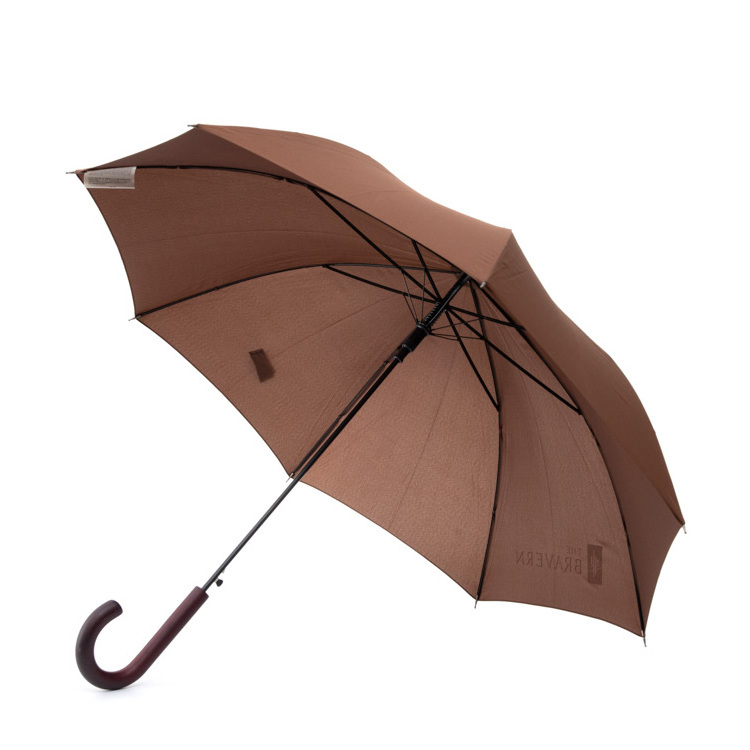 brown color with ferrule wooden J handle white logo custom brand name prints gerader regenschirm straight umbrella