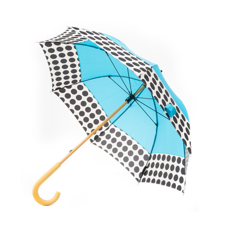 Wholesale Stylish Design Elegant Wooden Shaft Handle Joint with Polka Dot Fabric 22 inch Manual Open Straight Umbrellas