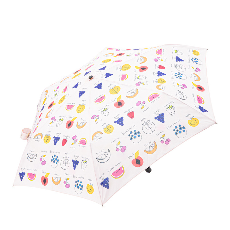 Mini 17 inch 6 Ribs Small Size White Umbrella with Watermelon Strawberry Fruit Prints Triple Folding Umbrella