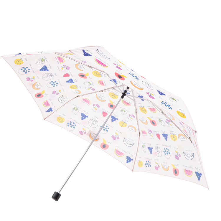 Mini 17 inch 6 Ribs Small Size White Umbrella with Watermelon Strawberry Fruit Prints Triple Folding Umbrella