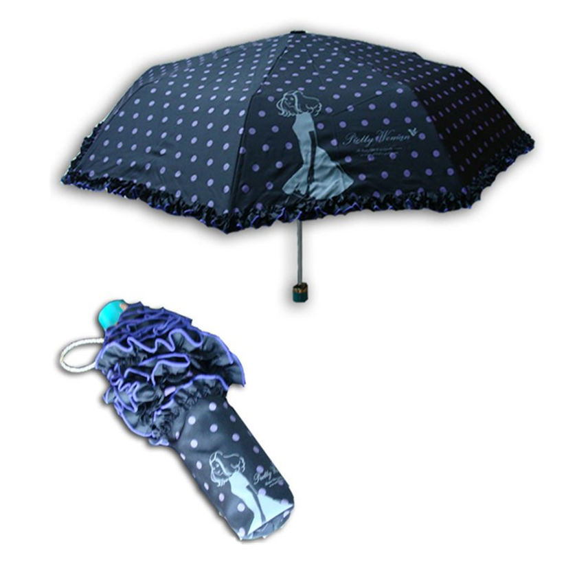 21 inches Standard Size Lace Fabric Fun and Cute Design for Girl Travel 3 Folding Manual Opening Sun UV Protection Umbrella