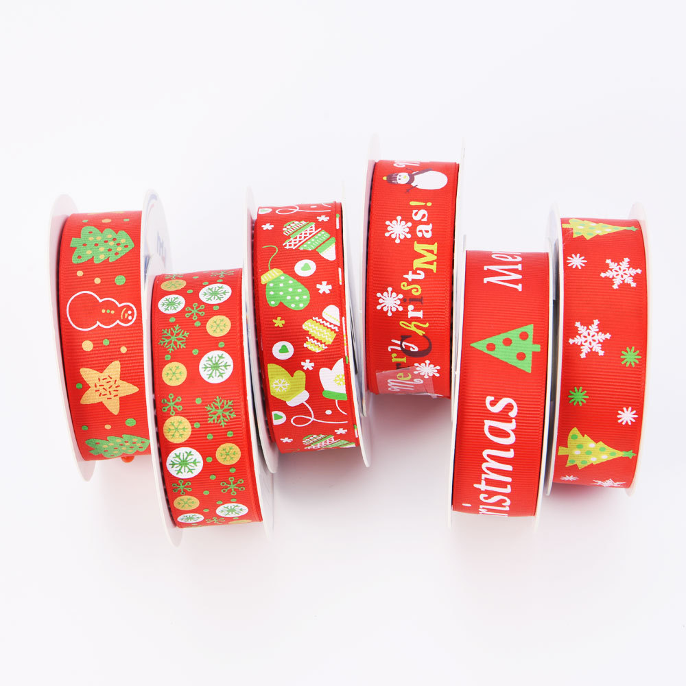 25mm Red Merry Christmas Snowflake Print Polyester Grosgrain Ribbon Christmas Ribbon