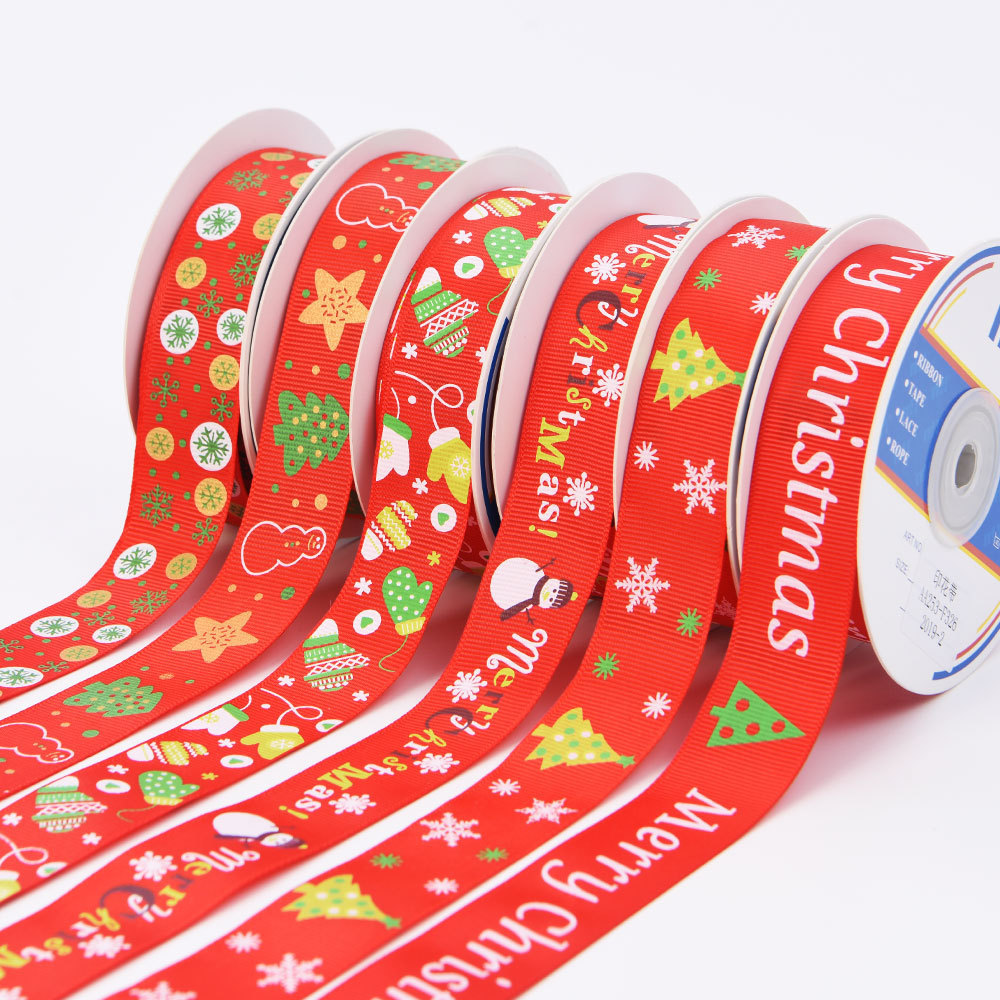 25mm Red Merry Christmas Snowflake Print Polyester Grosgrain Ribbon Christmas Ribbon