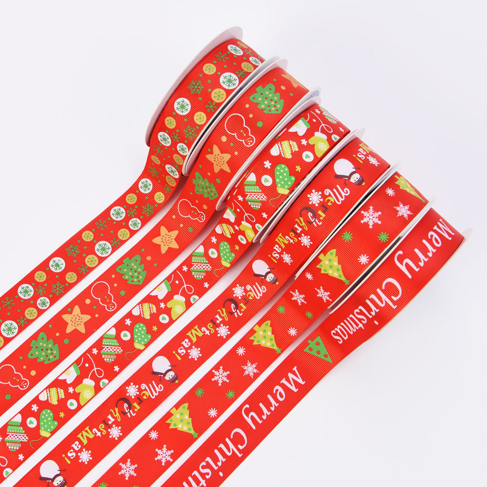 25mm Red Merry Christmas Snowflake Print Polyester Grosgrain Ribbon Christmas Ribbon