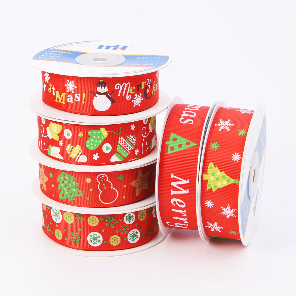 25mm Red Merry Christmas Snowflake Print Polyester Grosgrain Ribbon Christmas Ribbon