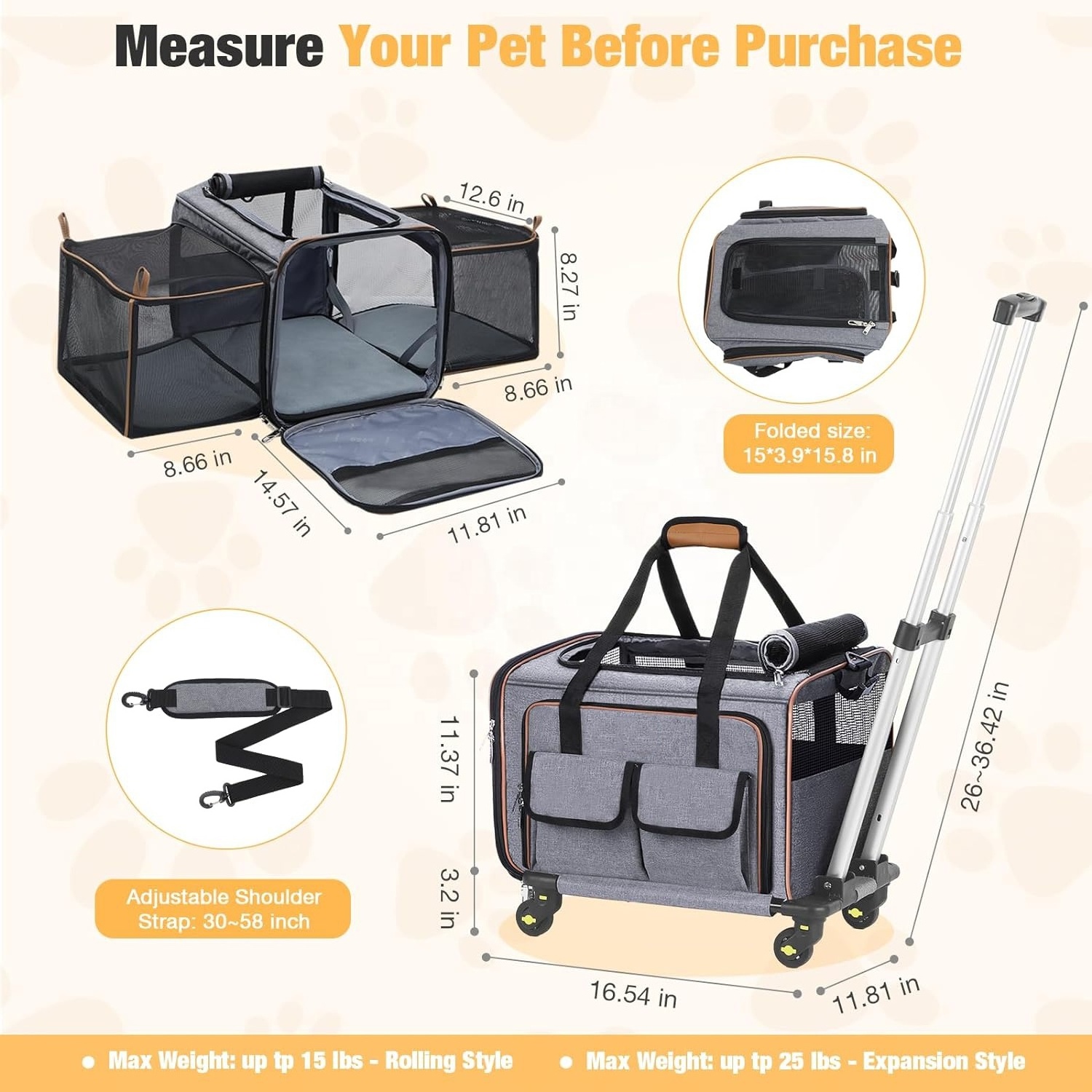 Airline Approved Expandable Rolling Trolley Pet Dog Cat Carrier Cage House Outdoor Travel Soft Shoulder Bag with Wheels Mats