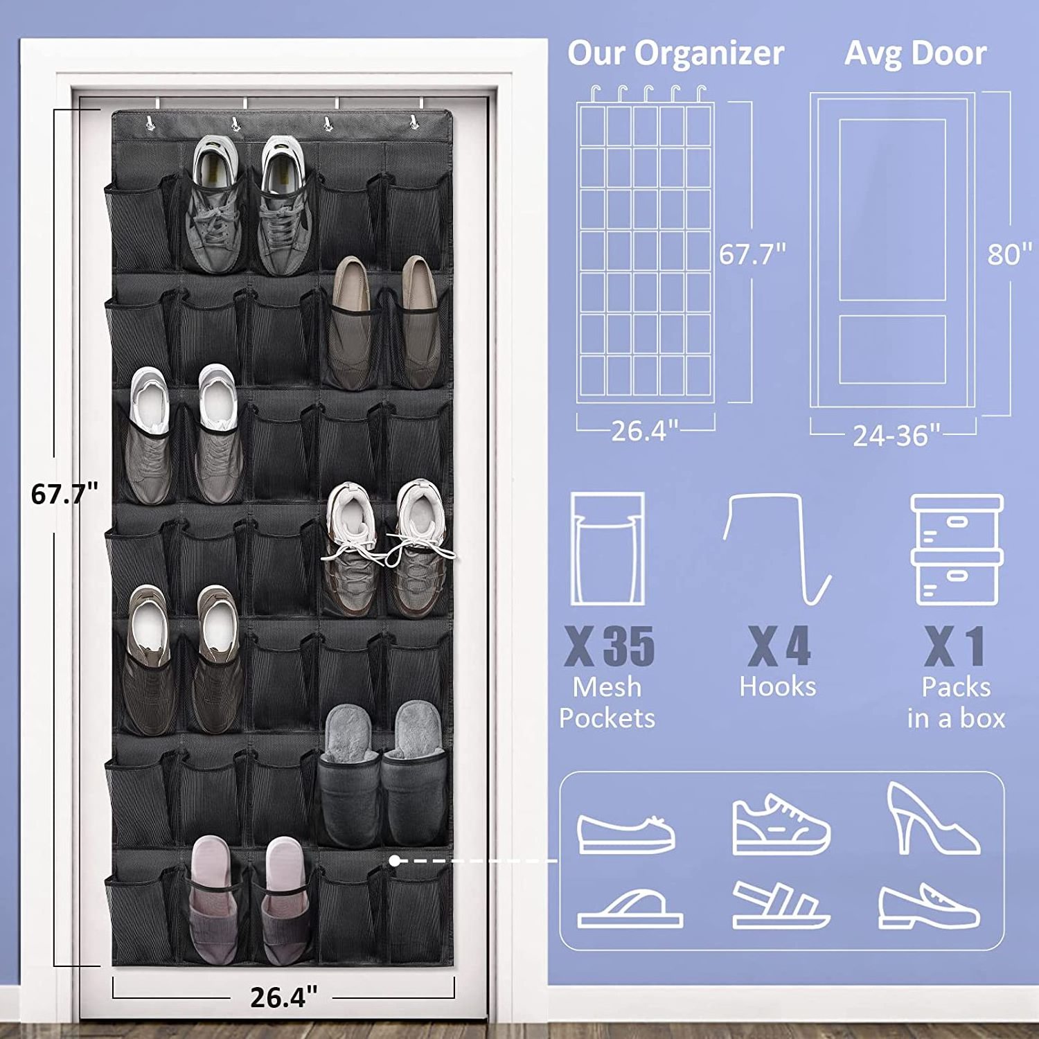 2023 Customization Over The Door Shoe Organizers 35 Durable Mesh Pockets Hanging Shoe Organizer Shoe Rack For Closet Entryway