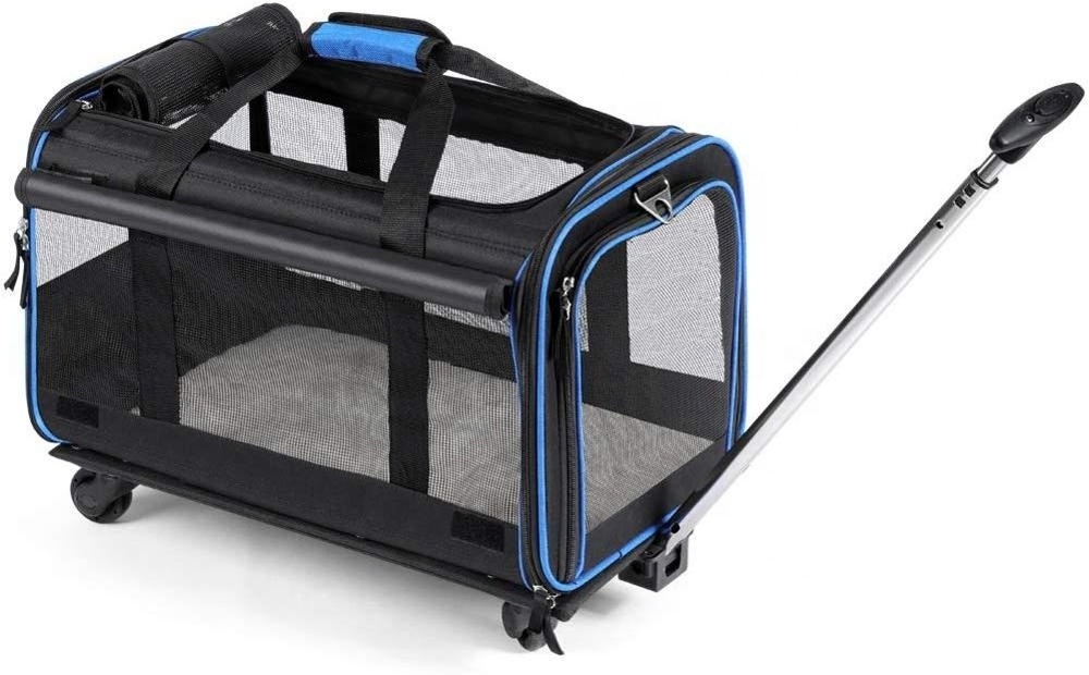 Pet Wheels Rolling Carrier Removable Wheeled Travel Carrier for Pets with Extendable Handle & Detachable Fleece Bed