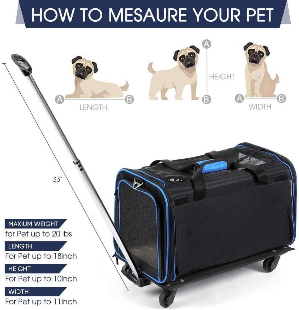 Pet Wheels Rolling Carrier Removable Wheeled Travel Carrier for Pets with Extendable Handle & Detachable Fleece Bed