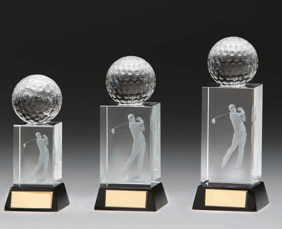 personalized Glass Crystal golf ball trophy  with cube base MH-Q0251