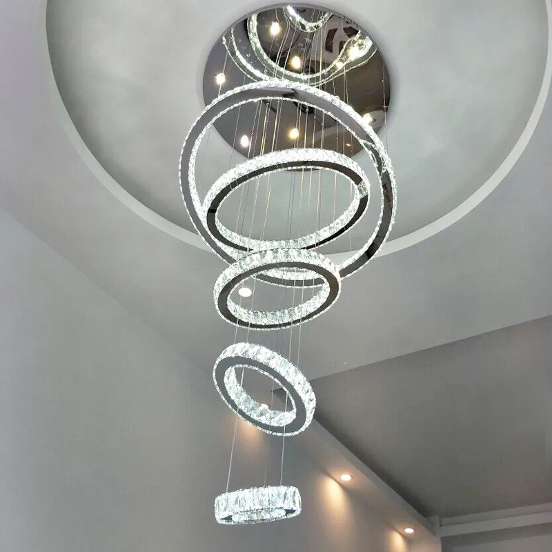 Modern Luxury High Ceiling Ring Living Room Art Deco Spiral Led Crystal Stair Chandelier Light