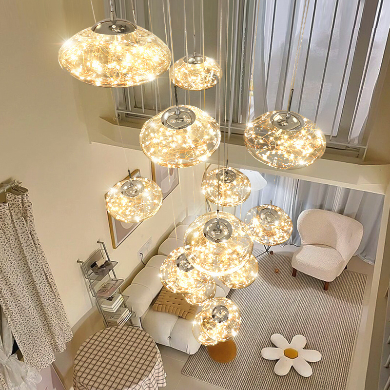 2024  New Indoor Decoration Shiny Star  Glass  Pendant Lights Fixture Hotel Villa Modern Led Chandelier