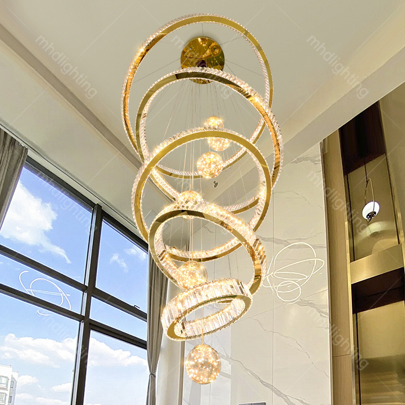 2024 New Modern High Ceiling House Villa Hotel Pendant Light Lobby Hanging  Stair Cristal Led Luxury Crystal Ring Chandelier