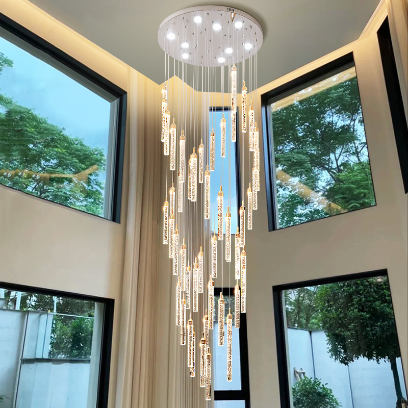 2024 New  Modern  Luxury Big Long Living  Stairs Foyer Gold Silver Long Crystal LED Chandelier