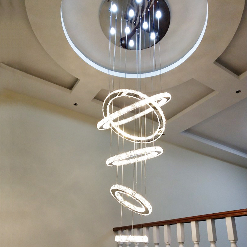 Modern Luxury High Ceiling Ring Living Room Art Deco Spiral Led Crystal Stair Chandelier Light