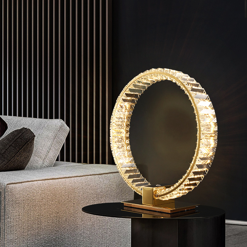 High Quality Modern Circle Ring Design Table Lamp Gold Chrome Color Stainless Steel k9 Crystal Bedside Table Lamp