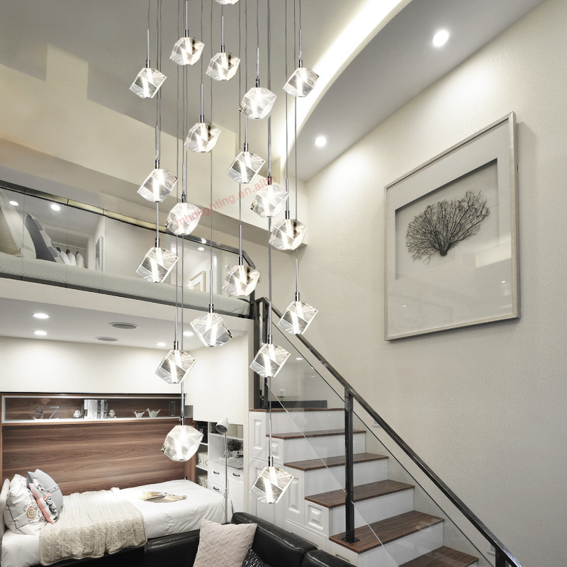 Glittering Square Minimalist Living Room Stairs Long Ice Crystal Chandelier Villa Penthouse Floor Spiral Staircase Chandeliers