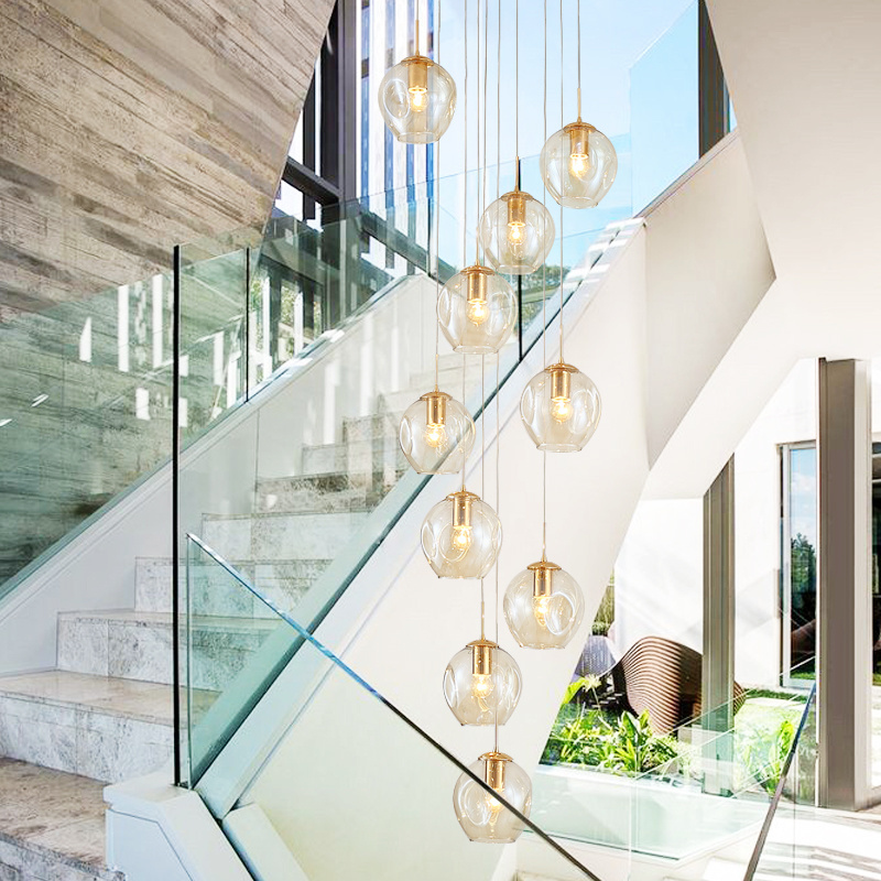 Foyer blown long bubble round glass ball spiral decorative staircase glass modern led chandelier lighting