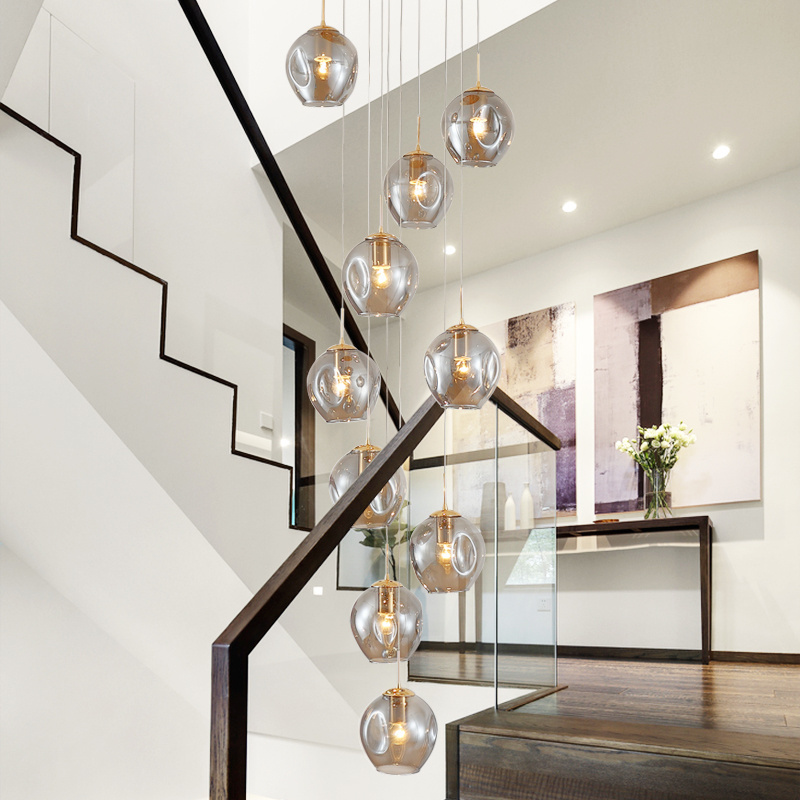 Foyer blown long bubble round glass ball spiral decorative staircase glass modern led chandelier lighting